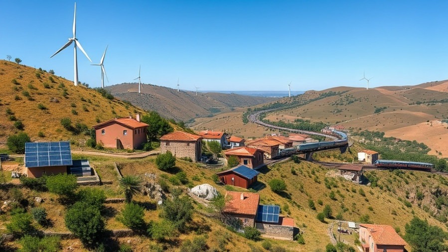 Photorealistic Spain countryside with solar panels, wind turbines, promoting eco-friendly tourism.