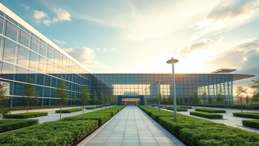 High-performance sustainable commercial airport building featuring a modern glass curtain wall and sustainable landscaping elements.
