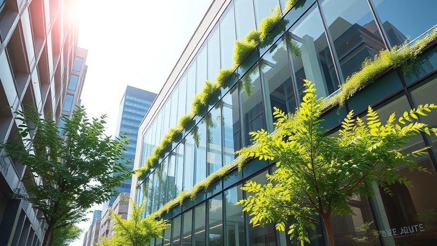 A high-angle, photorealistic wide shot of a modern urban building with large glass windows and sustainable green architectural details under bright natural daylight, text-free, clean commercial building facade aesthetic.