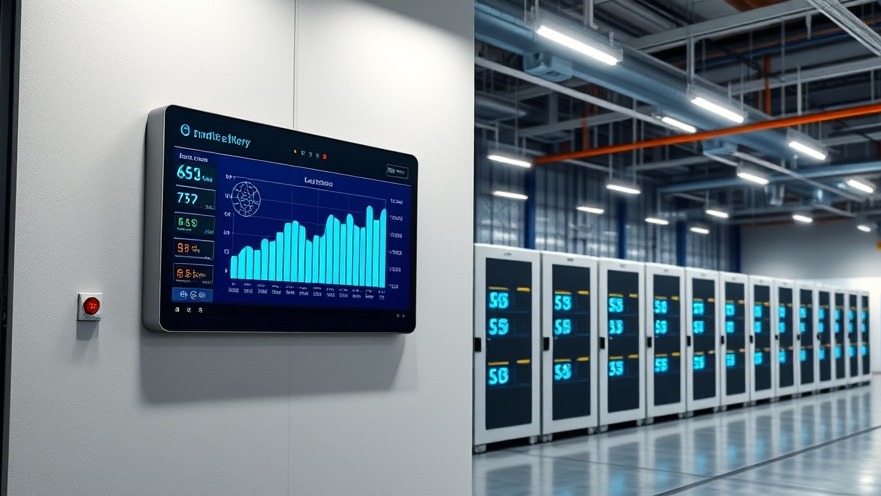 Commercial facility smart energy management panel displaying peak load data next to property backup battery storage racks.