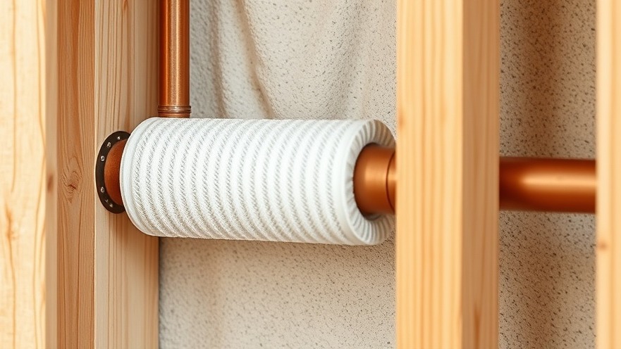 Thick foam insulation sleeve installed on a copper hot water pipe inside a building wall to prevent heat loss.