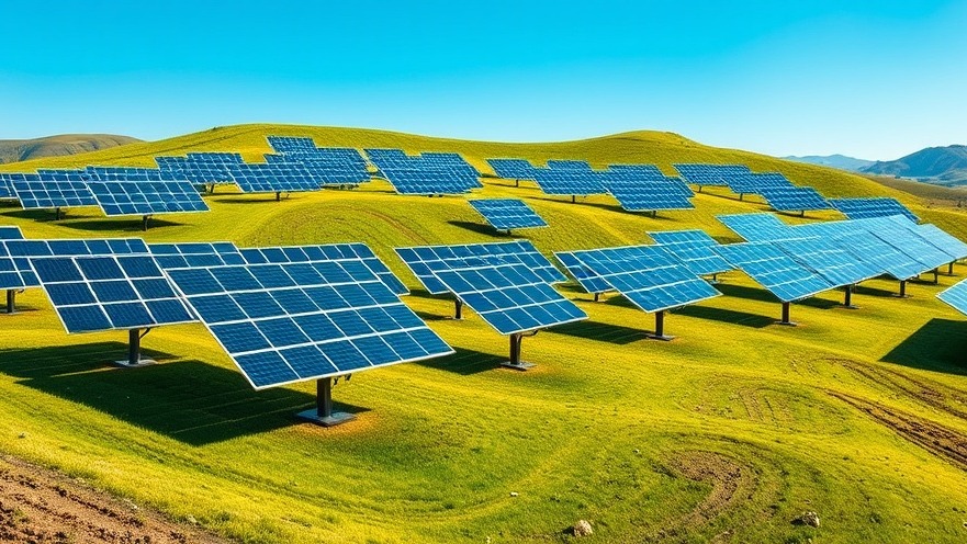 High-tech terrain-following solar trackers undulating smoothly across rolling green hills under a clear blue morning sky.