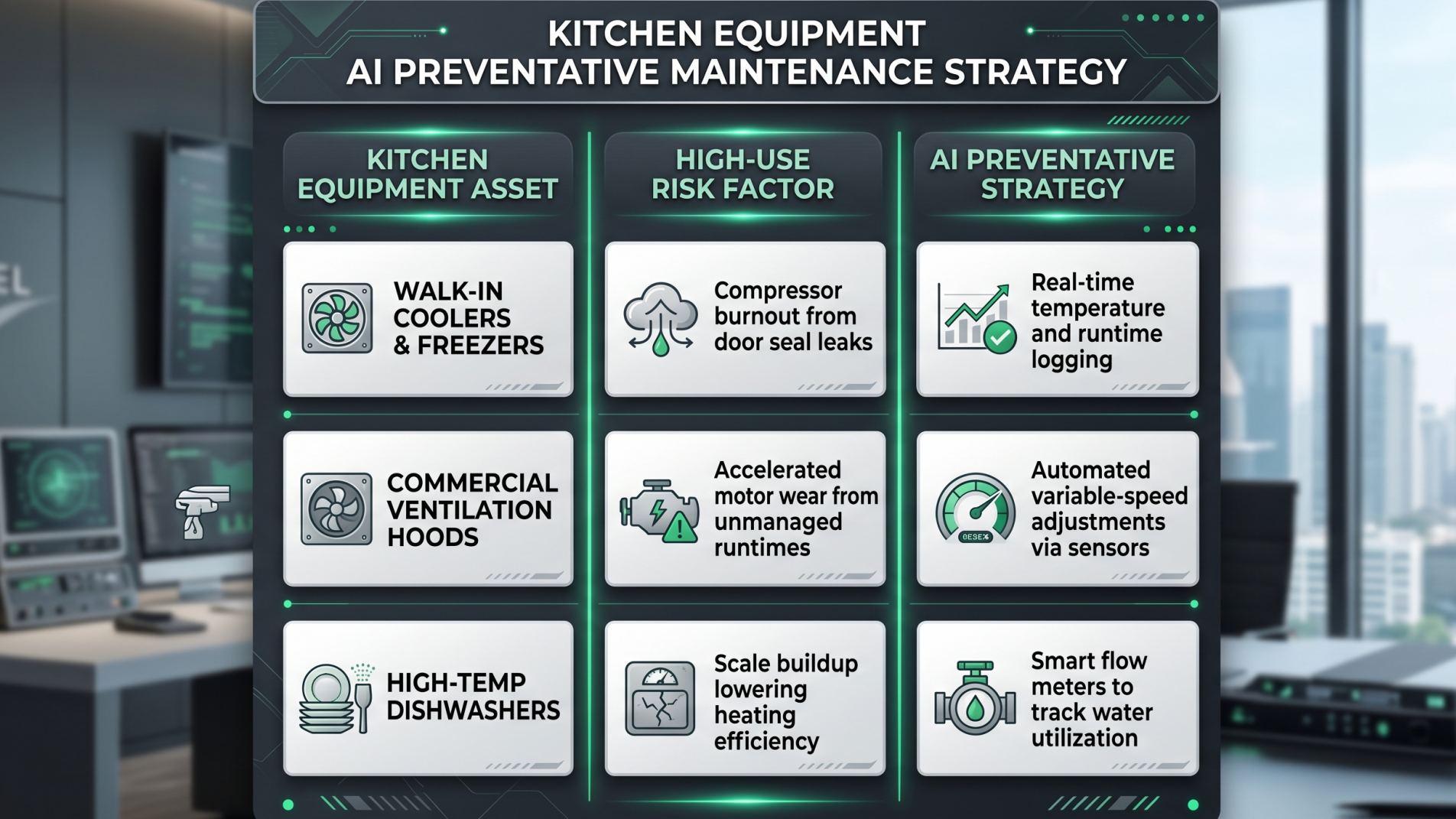 Kitchen equipment AI preventative maintenance strategy infographic