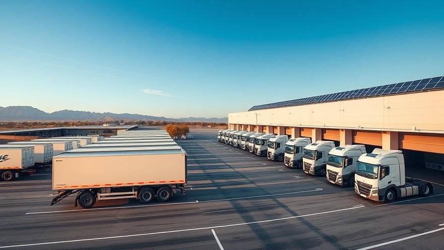 modern commercial fleet logistics hub with electric freight trucks and megawatt charging infrastructure under solar arrays