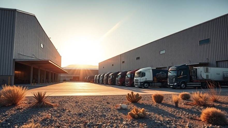 Modern exterior of a commercial rare earth recycling facility with logistics trucks staging decommissioned industrial equipment.
