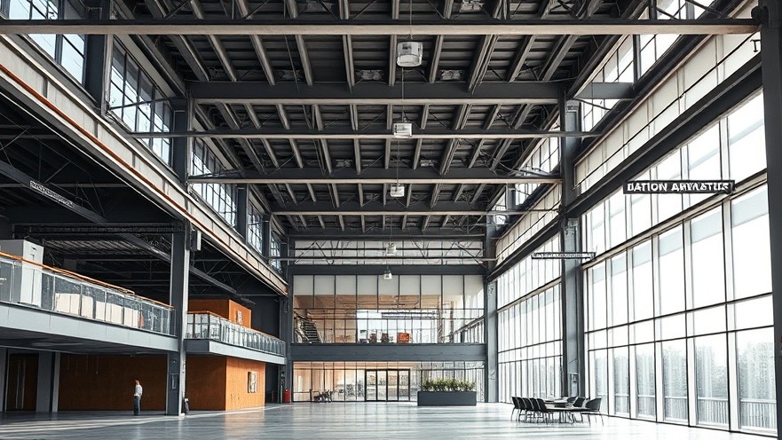 Architectural conversion of an office building interior into modern residential apartment units showing structural steel and floor-to-ceiling windows.