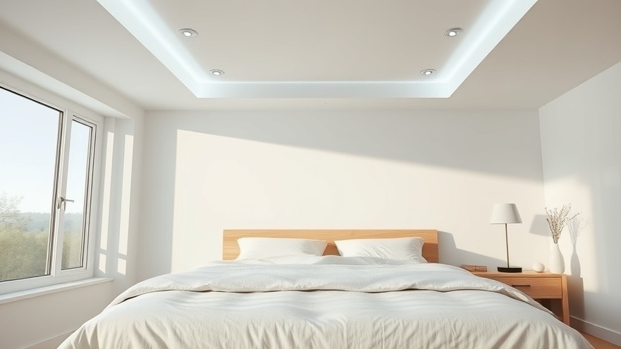 Minimalist modern bedroom illuminated by crisp blue-white adaptive morning light to support human circadian rhythms.