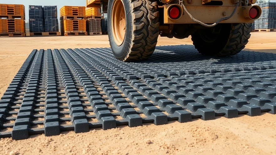 Durable interlocking ground protection mats supporting heavy construction equipment tires to prevent underground utility line damage.