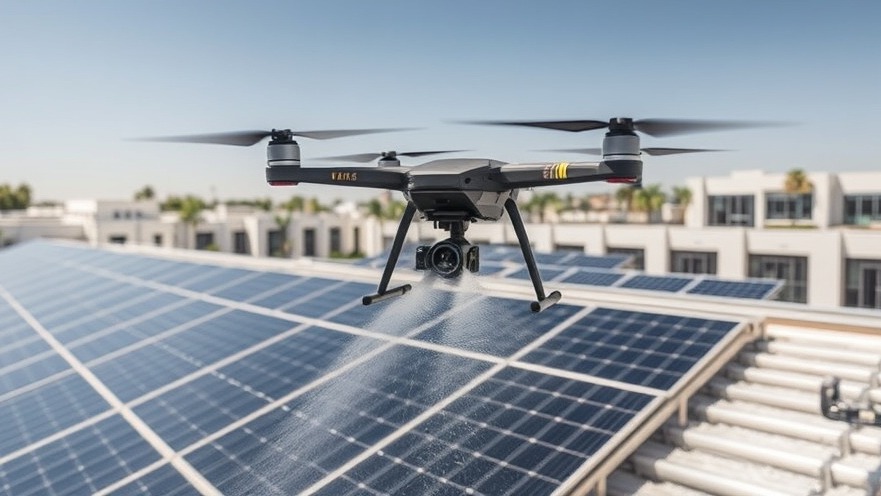 Autonomous industrial cleaning drone spraying high pressure water mist to clean a commercial solar panel array under bright daylight.