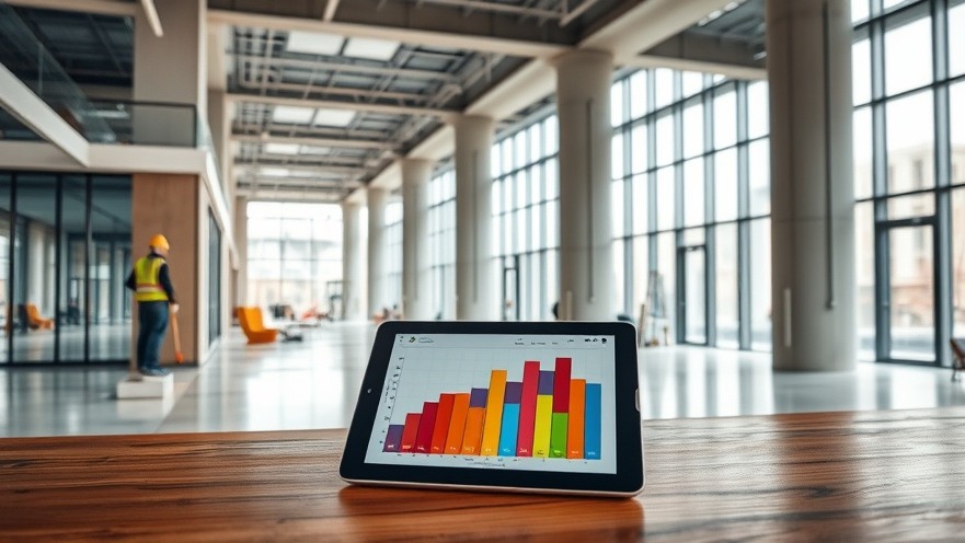 Commercial office space undergoing renovation with a digital project tracking tablet displayed on a work surface.