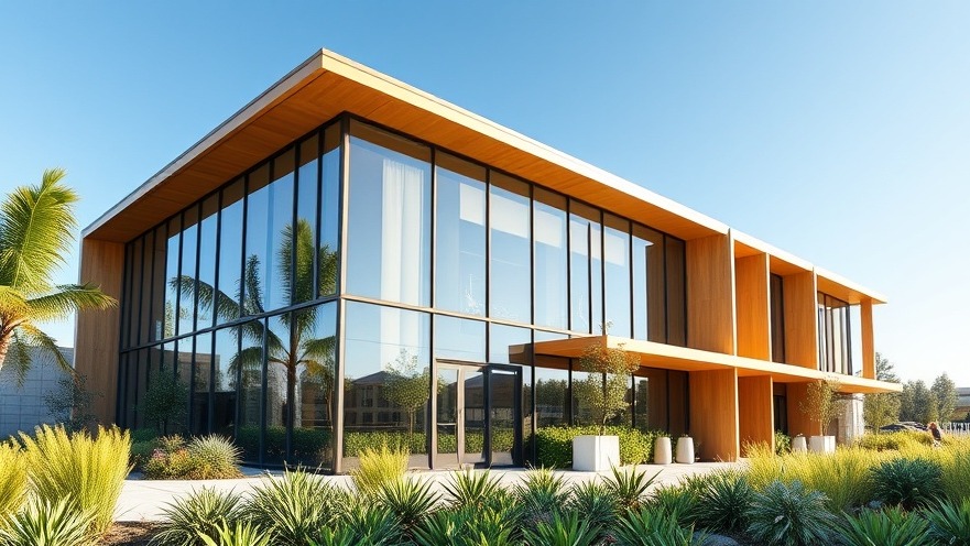 High-end sustainable commercial building with modern eco-friendly architecture and green landscaping under a clear sky.