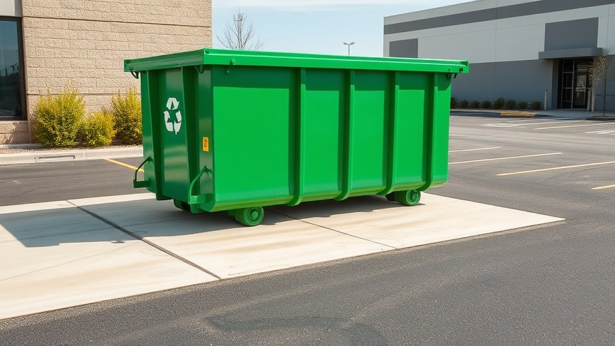 A sturdy concrete loading zone supporting a green commercial waste container to protect nearby asphalt from heavy truck wear-and-tear.
