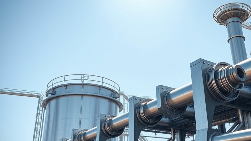 Photorealistic close-up of industrial wastewater treatment dewatering machinery and modern steel filtration infrastructure under a clear sky.