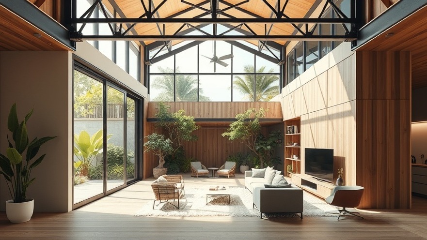 Interior courtyard garden integrated into a modern multi-level prefabricated home with exposed lightweight steel framing and large sliding glass walls.
