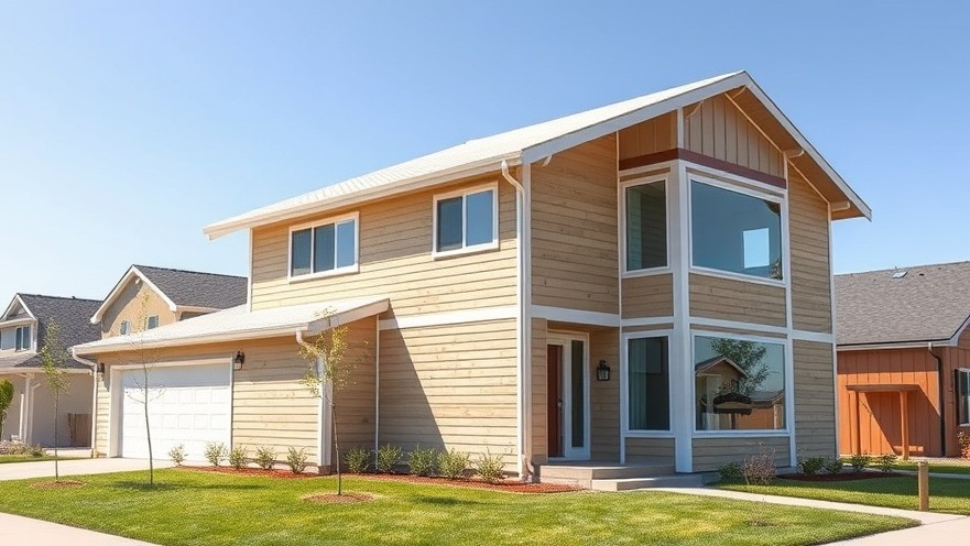 A modern eco-friendly affordable home with high-performance windows and earth-toned siding under a clear blue sky.