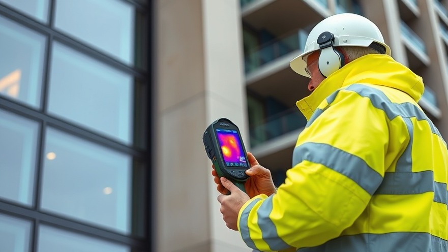 Commercial energy auditor conducting an infrared thermal imaging inspection on a luxury hotel building envelope to detect heat loss and insulation gaps.