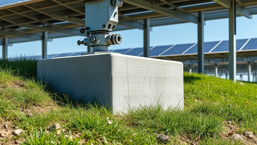 Non-penetrating concrete ballast foundation system supporting a solar array framework on a capped municipal landfill site.