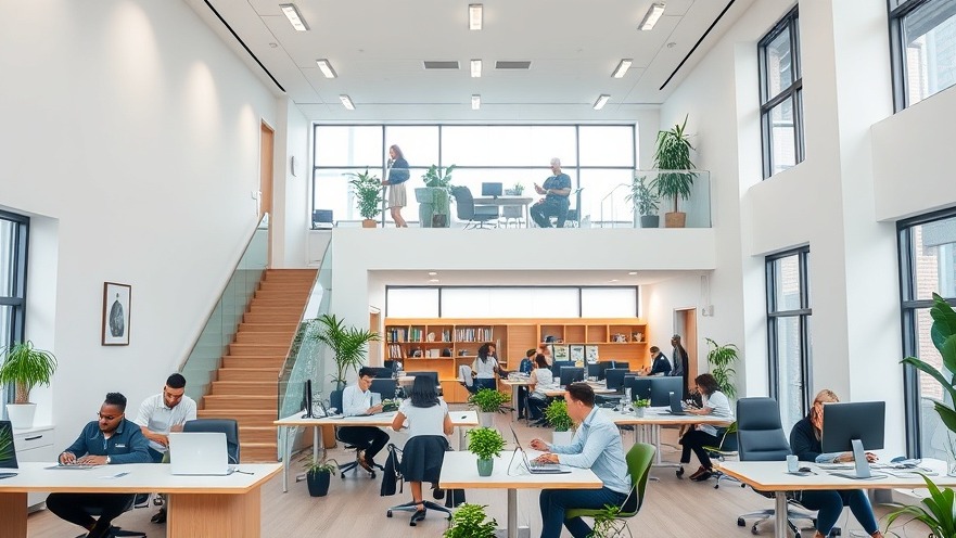 Modern office promoting zero waste with diverse individuals in a serene, stylish space.