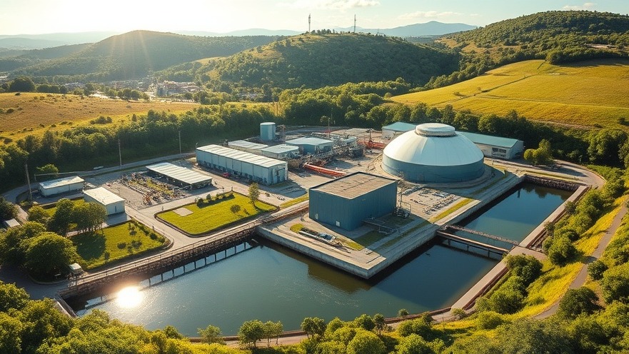 Photorealistic wide shot of a sustainable municipal water reclamation facility with clear blue treatment basins integrated into a green landscape.