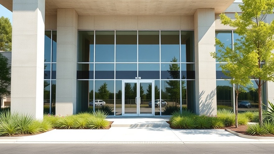 Modern commercial building featuring reinforced concrete architecture, energy-efficient tinted glass windows, and sustainable landscaping under clear daylight.