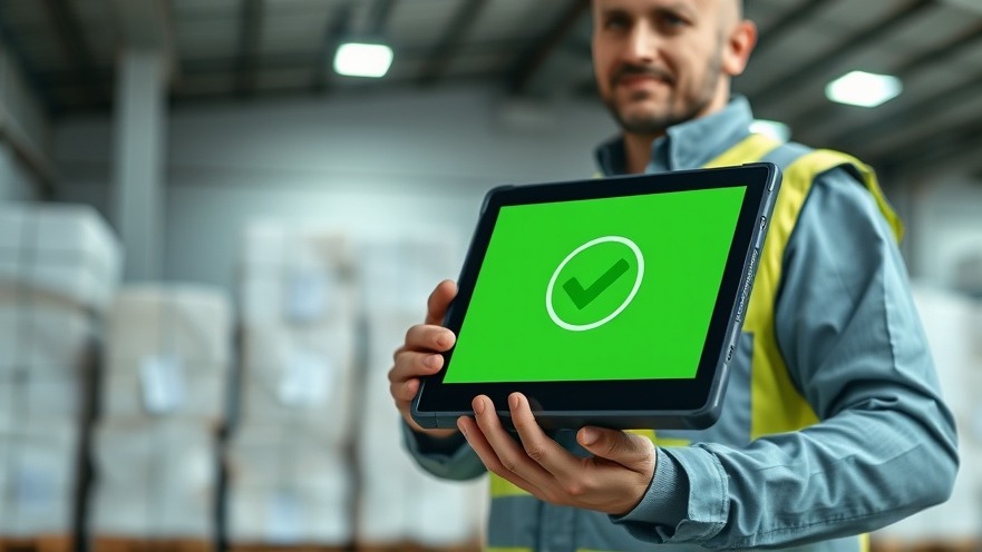 An industrial inspector verifying material data logs on a digital tablet inside a clean recycling facility warehouse.