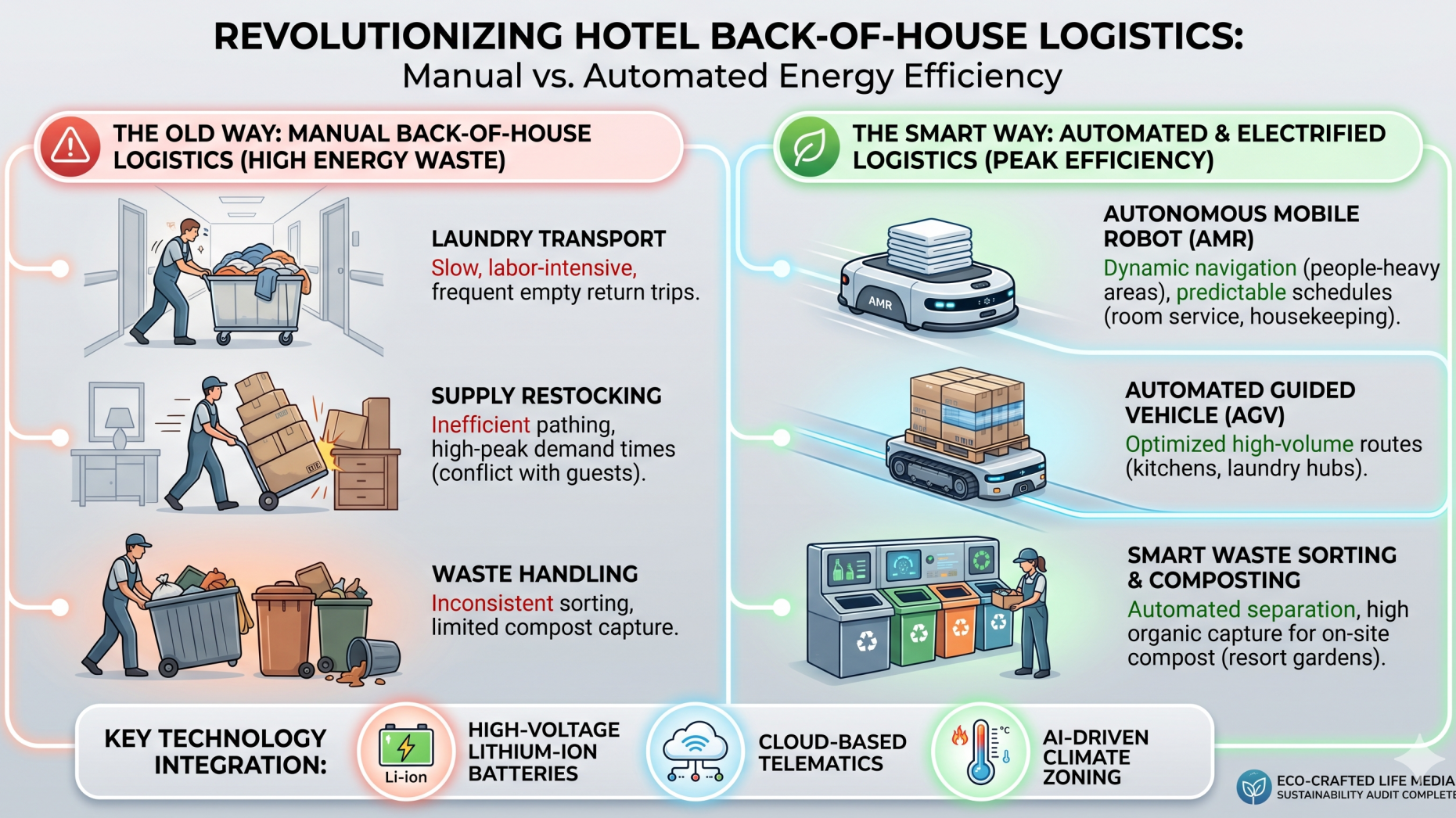 Manual vs Automated Energy Efficiency for Hotel back-of-office logistics infographic