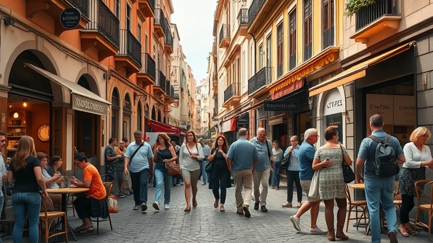 Tourists enjoying sustainable tourism on a vibrant Spanish cobblestone street.