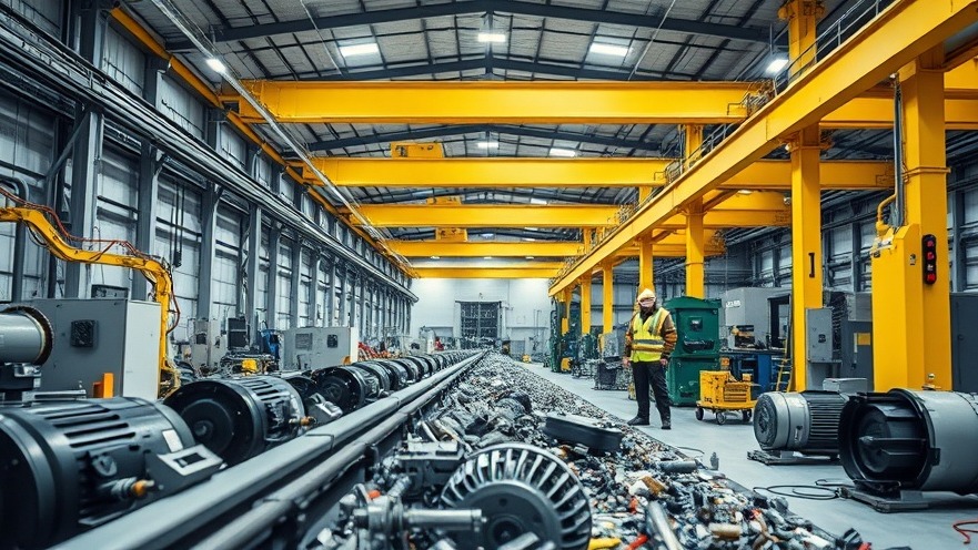 Automated conveyor system separating rare earth permanent magnets from industrial electric motor scrap inside an advanced recycling facility.