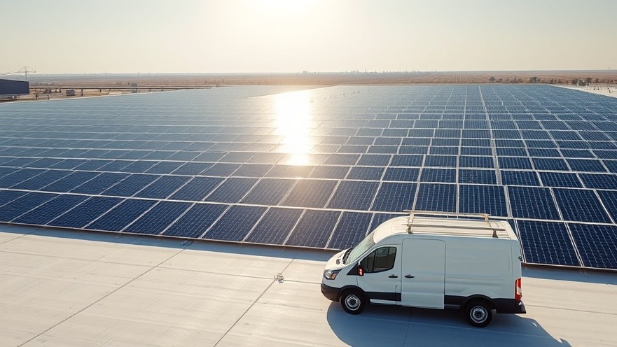 A large modern commercial solar panel array on an industrial facility roof next to an electric utility fleet vehicle under a clear sky.
