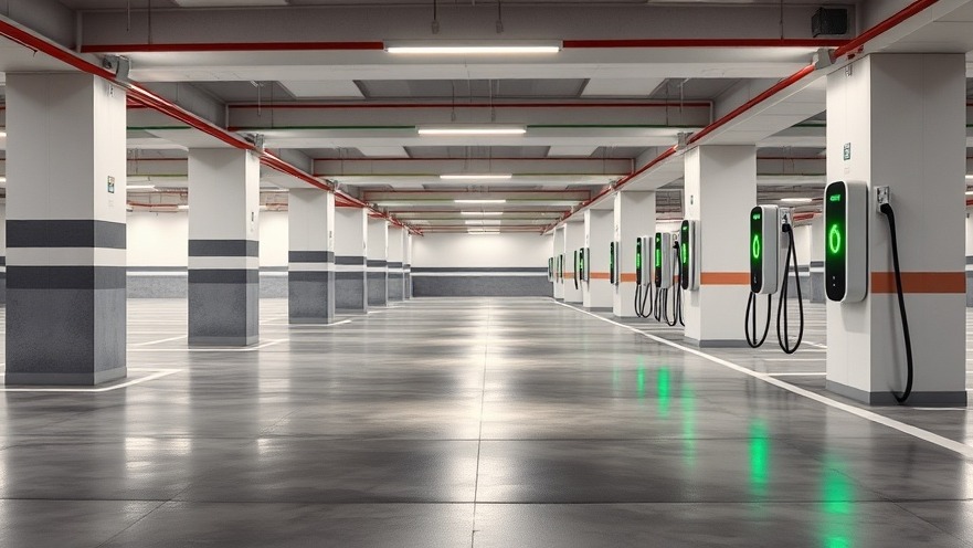 Modern parking garage with a row of ev chargers