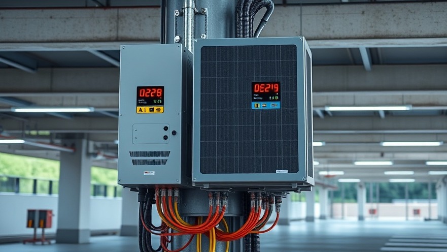 Advanced commercial solar inverter system displaying real-time power metrics under a parking lot canopy installation.