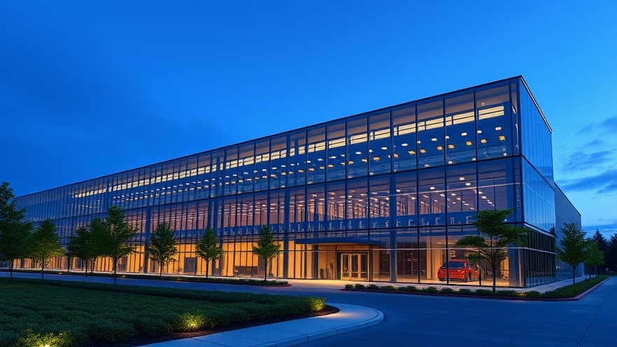Photorealistic wide shot of a modern commercial data center building at twilight with sustainable exterior design.
