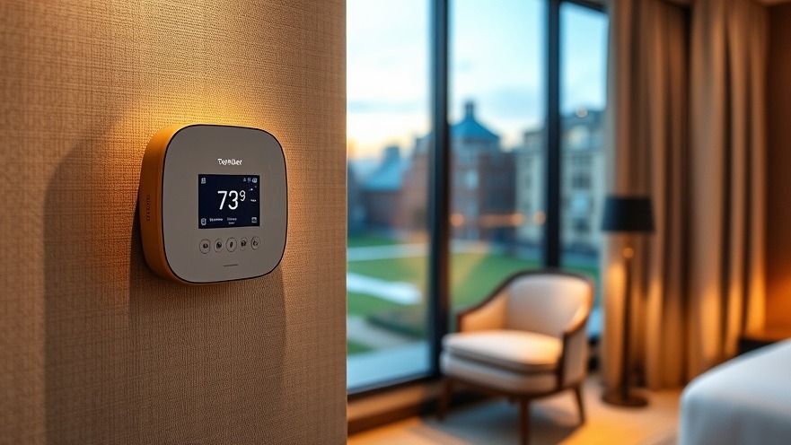 Modern hotel guestroom with sleek smart thermostat, showcasing VRF heat pumps for comfort.