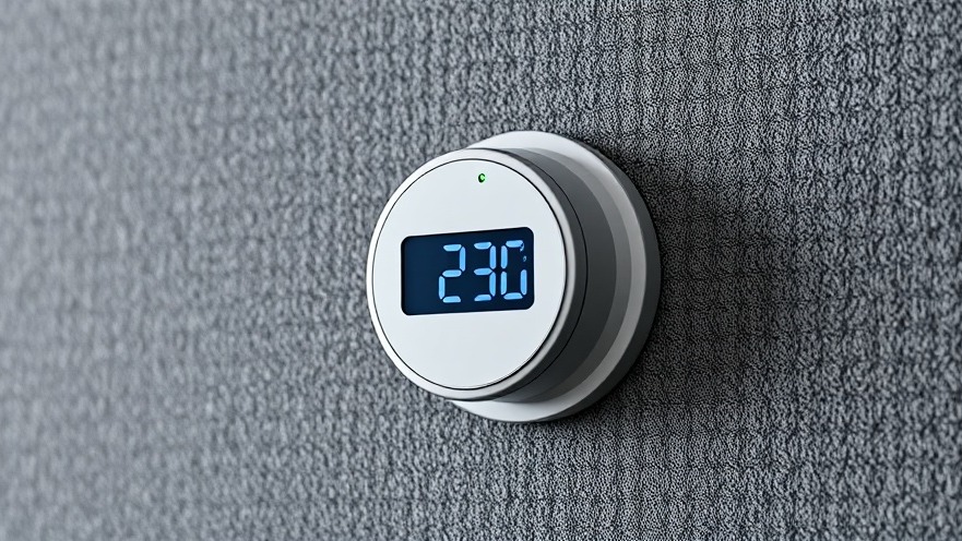 Digital climate sensor installed on an acoustic wall to monitor temperatures inside a smart home media closet.