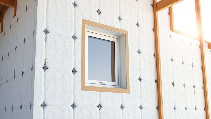 Modern sustainable building envelope construction showing high-performance insulation and weatherproof vapor barriers around a window frame.