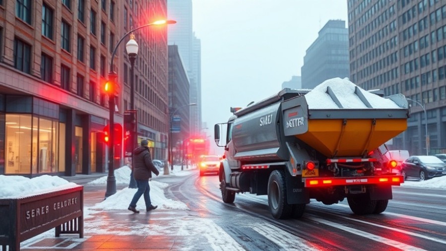 Eco-friendly ice melt truck spreading sustainable deicing solutions on icy city streets.