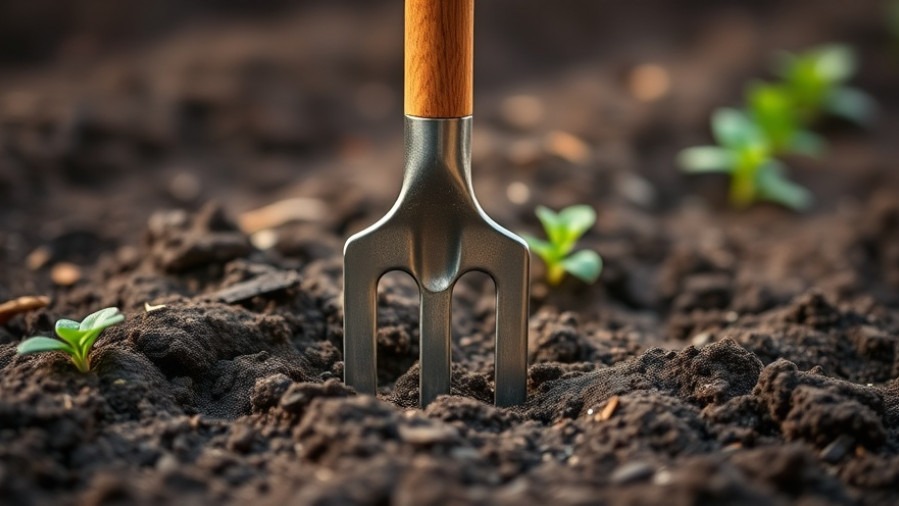 Elegant wooden-handled garden fork in seedling bed, ideal for eco-friendly gardening.