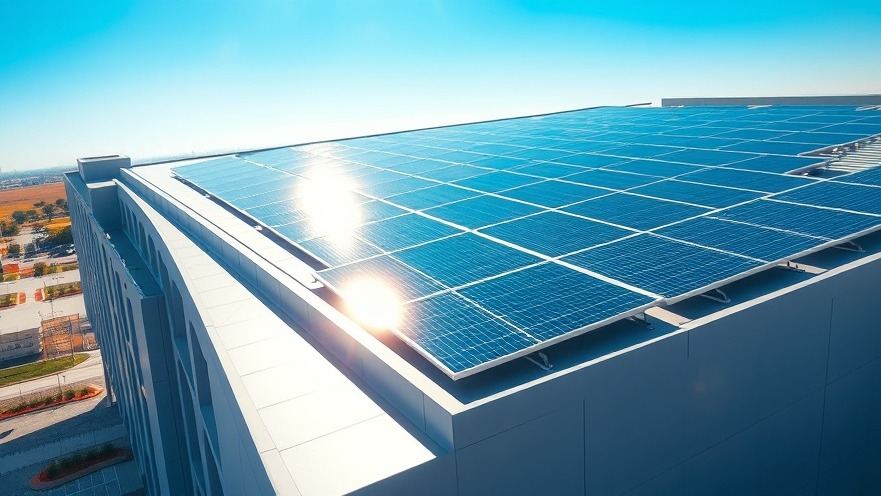 A sleek, modern commercial building facade utilizing integrated solar panel arrays for sustainable energy production.