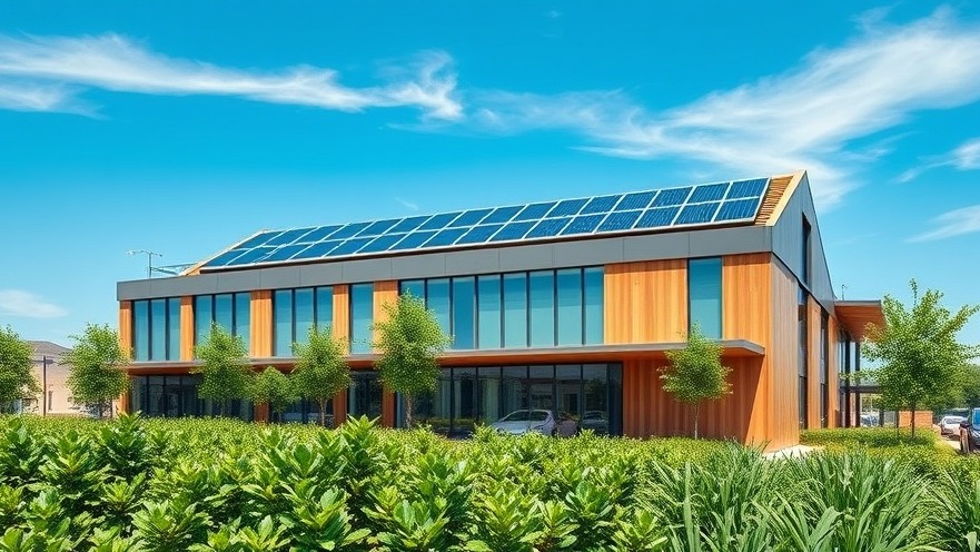 High end sustainable commercial building featuring modern rooftop solar panels and eco friendly architecture under a clear sky.