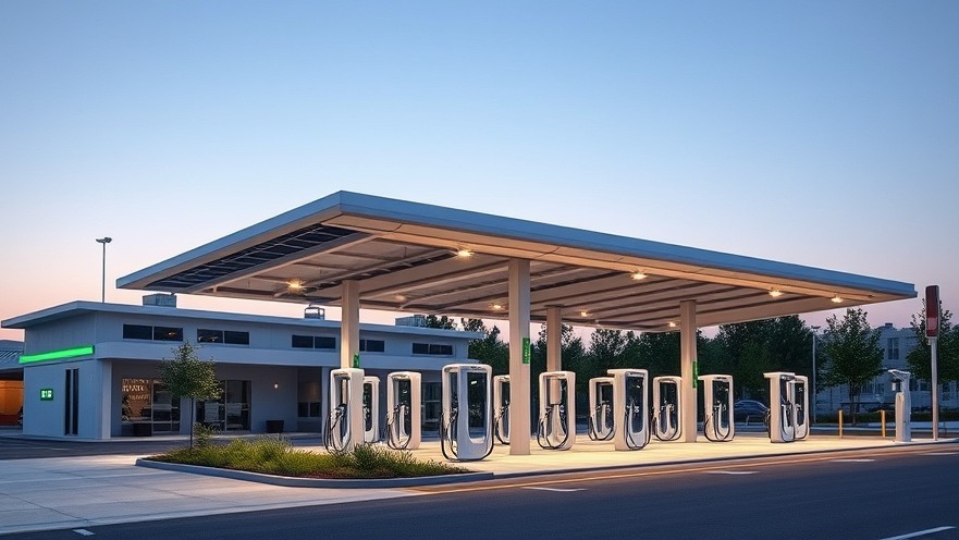 High-angle sustainable architectural view of a public electric vehicle network density expansion project featuring integrated solar canopies and ultra-rapid infrastructure.