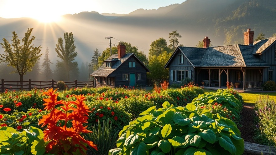 Vibrant vegetable garden promoting sustainable tourism with a quaint farmhouse in morning light.