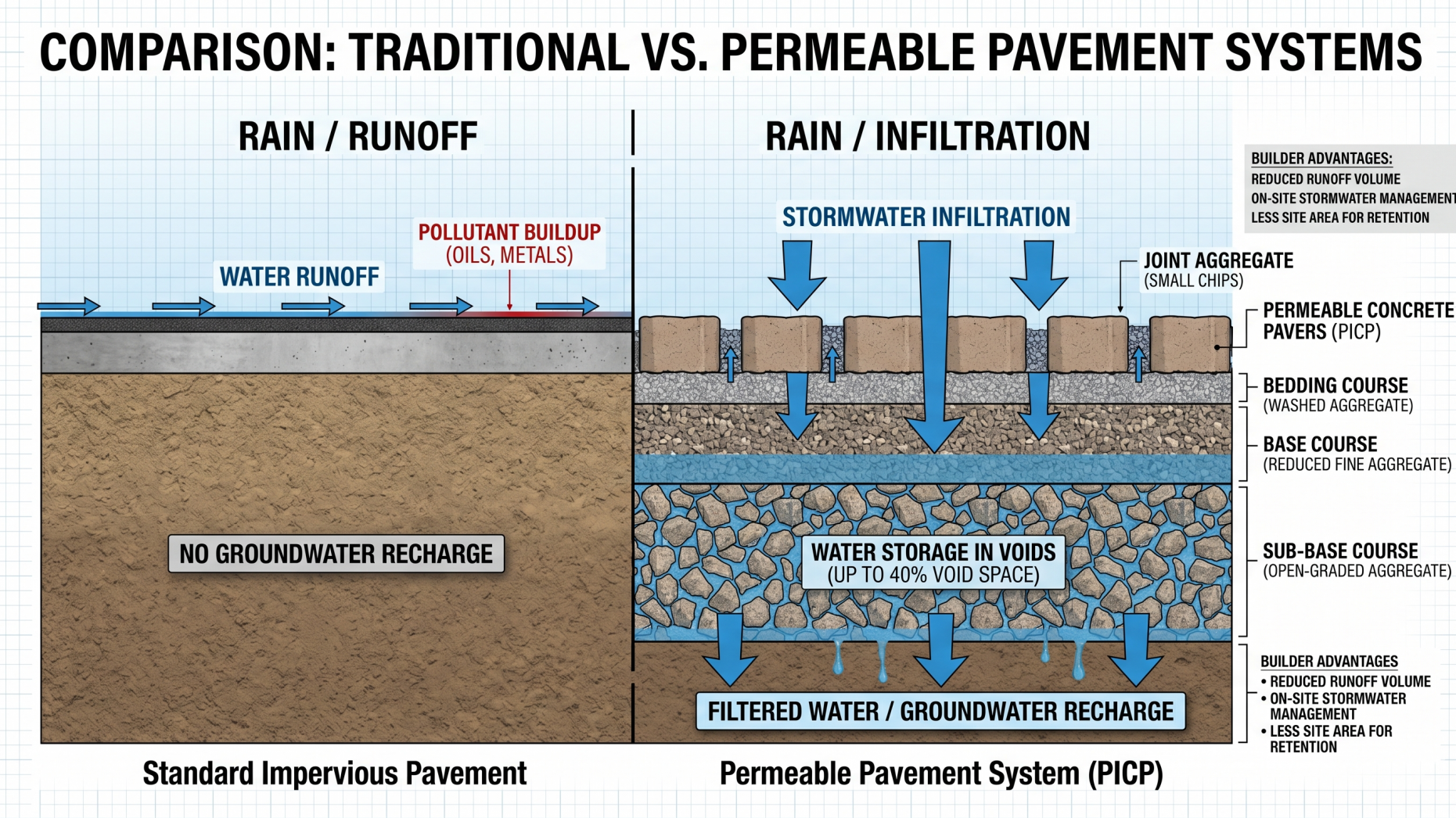Comparison diagram of traditional vs permeable pavement systems