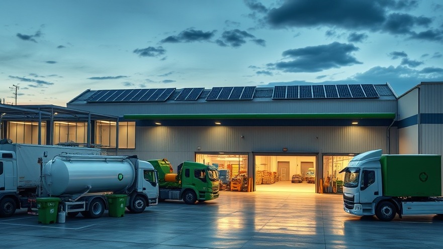 High-end modern sustainable commercial waste recycling facility with solar array at dusk