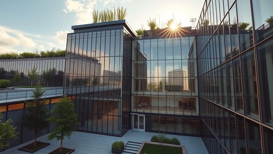Modern commercial glass office building featuring sustainable architecture and high-efficiency property design under bright daylight.