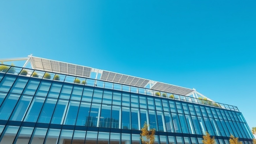 High-angle exterior view of a modern sustainable commercial building envelope with energy-efficient infrastructure.