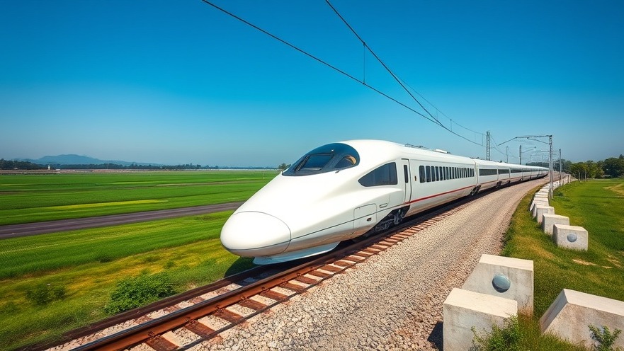 Sleek modern electric bullet train traveling fast on a high-speed concrete rail line under a clear blue sky.
