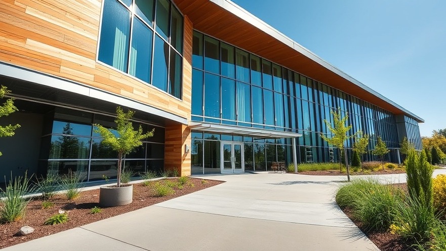 High performance sustainable commercial institutional building exterior featuring a modern glass facade and clean contemporary architectural lines.