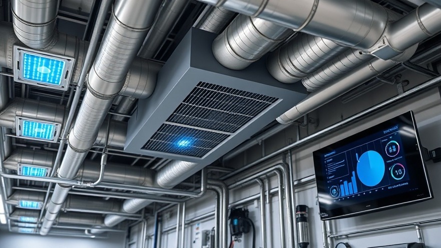 Advanced automated commercial building HVAC system showing clean steel ventilation ductwork and smart air monitoring sensor nodes with blue led status indicators.