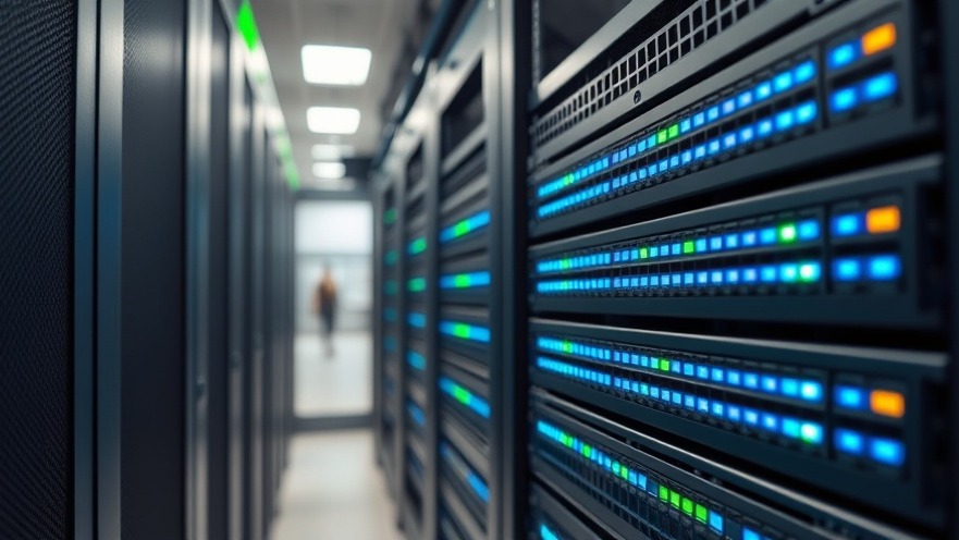 Photorealistic close-up of modern building management system server racks and network switches with green status lights.