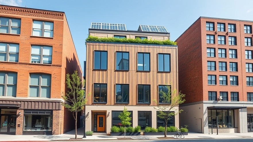 Modern sustainable infill apartment building built efficiently on a city lot showing eco-friendly urban development.